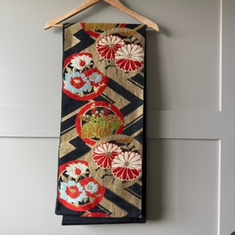 Vintage Fukuro Obi Black Gold Metallic‎ Floral Chrysanthemum Kimono Belt Silk